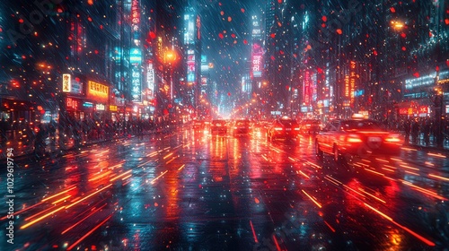 A lively urban street in Asia, illuminated by neon lights and bustling with activity. Rain creates a reflective glow on the wet asphalt, enhancing the vibrant colors. photo