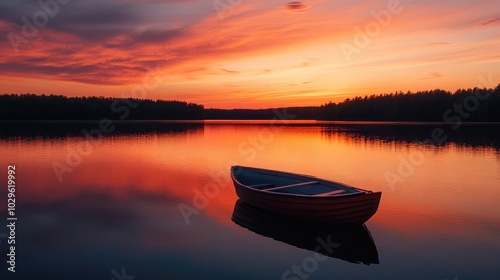 Peaceful sunset scene with vibrant orange and pink hues reflecting on a calm lake, a lone rowboat drifting in the water, ideal for relaxation photography