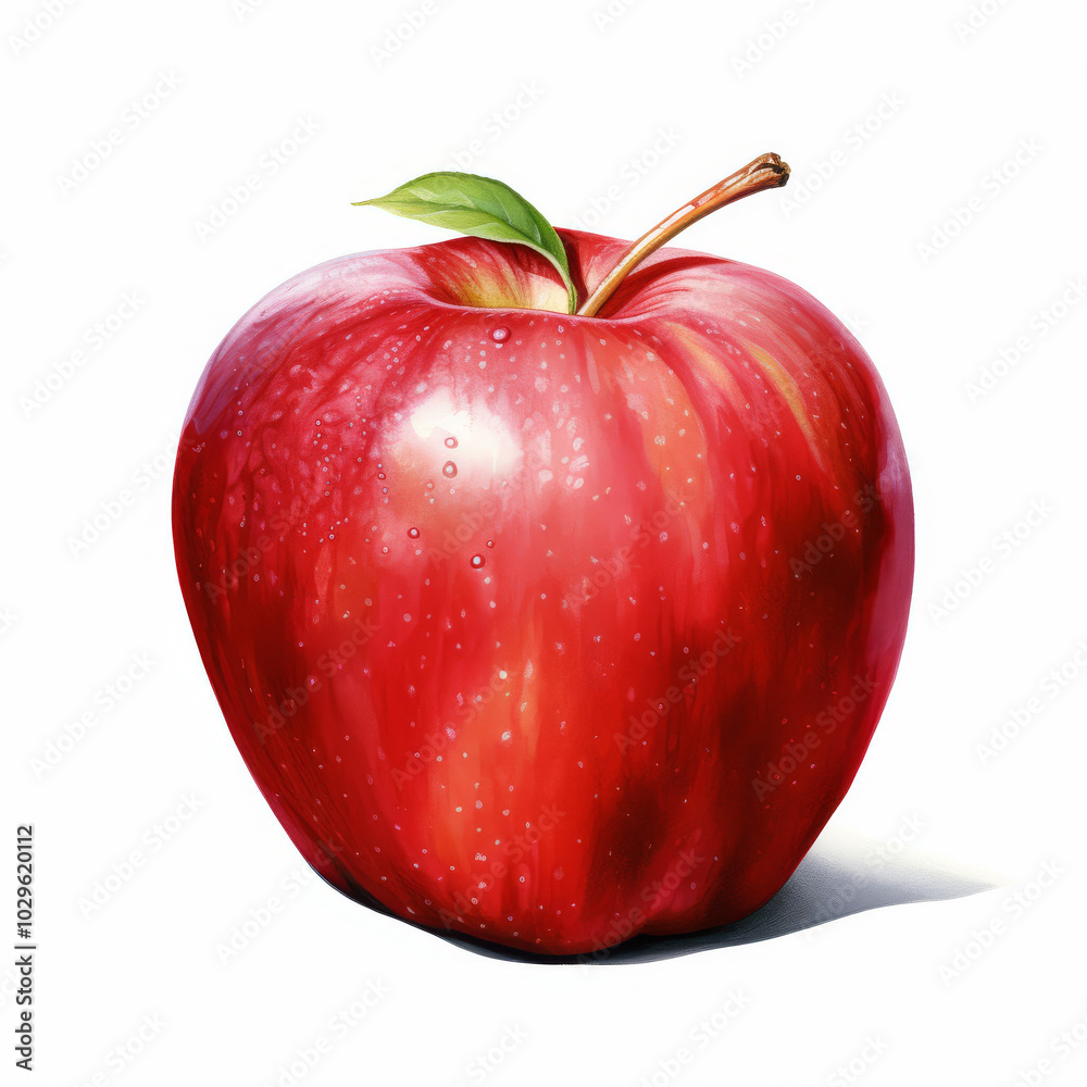 Realistic Illustration of a Red Apple with a Leaf on White Background - Perfect for Food Marketing and Kitchen Designs Realistic Illustration of a Red Apple with a Leaf on White Background - Perfect for Food Marketing and Kitchen Designs