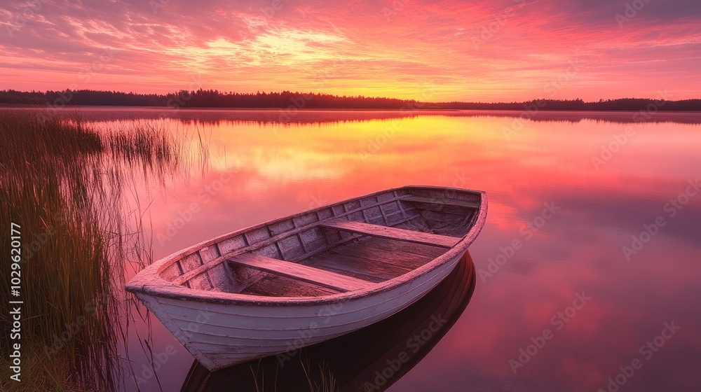 A beautiful sunset with pink and orange reflections on a calm lake, featuring a single rowboat drifting, perfect for peaceful nature photos
