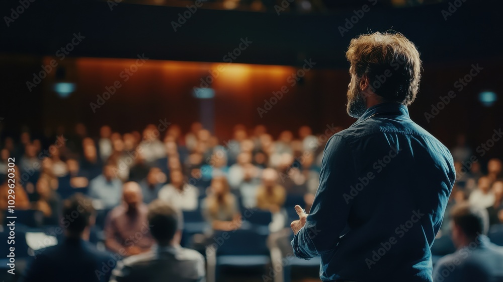A speaker addresses an audience in a dimly lit auditorium during a presentation. A speaker addresses an audience in a dimly lit auditorium during a presentation.