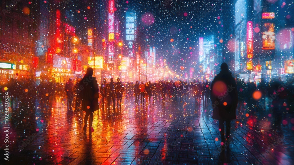 A bustling urban street scene in Asia, illuminated by neon lights. People walk under a colorful, vibrant atmosphere during evening rain. A bustling urban street scene in Asia, illuminated by neon lights. People walk under a colorful, vibrant atmosphere during evening rain.