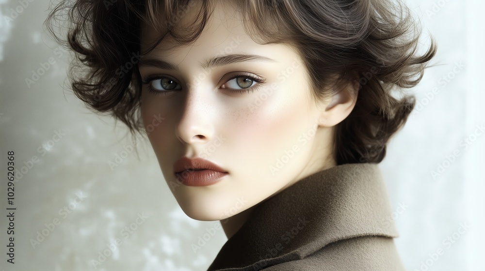 A portrait of a young woman with curly hair wearing a stylish coat against a soft background in natural lighting A portrait of a young woman with curly hair wearing a stylish coat against a soft background in natural lighting