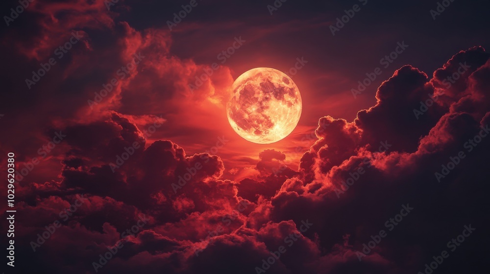 A striking full moon surrounded by dramatic red-tinged clouds at night. A striking full moon surrounded by dramatic red-tinged clouds at night.