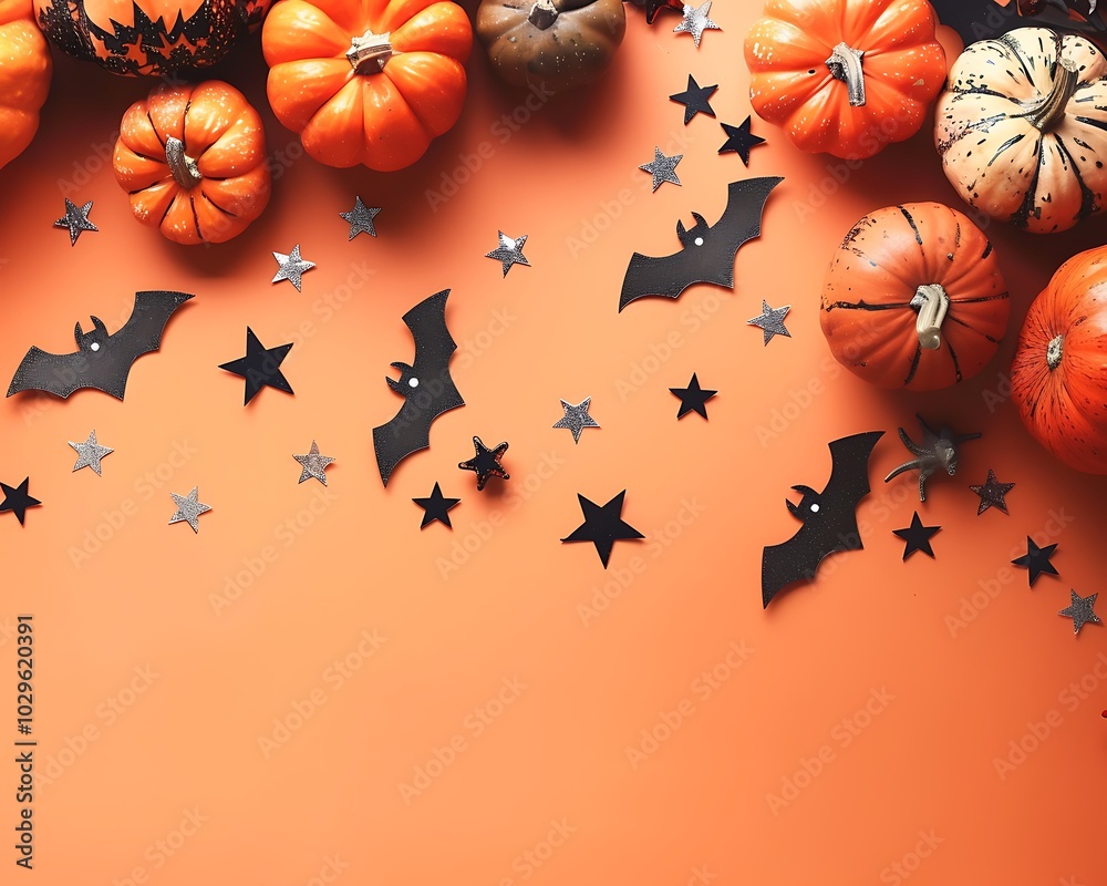 Orange table, Halloween pumpkins, stars, bats, flat lay view, copy space for card template. Orange table, Halloween pumpkins, stars, bats, flat lay view, copy space for card template.