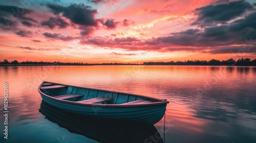 A lone rowboat on a calm lake at sunset, with vibrant pink and orange hues reflecting on the water, ideal for nature and relaxation stock photos