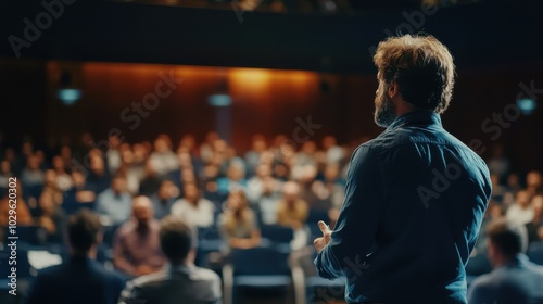 Wallpaper Mural A speaker addresses an audience in a dimly lit auditorium during a presentation. Torontodigital.ca
