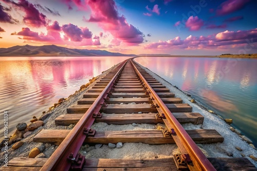 Vintage Closeup of Railway Tracks by Salty Pink Lake Bursol in Altai Territory