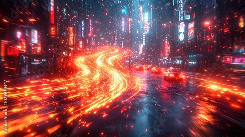 A vibrant neon-lit city street at night, showcasing streaks of light from moving cars. The scene is filled with colorful signs and reflections on the wet pavement.