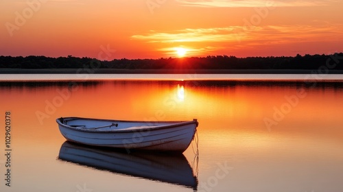 A peaceful sunset over a tranquil lake, with orange and pink skies reflecting on the water and a lone rowboat, perfect for nature and relaxation