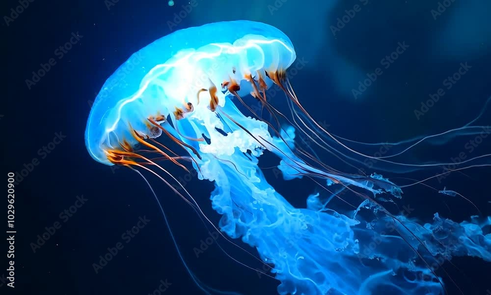 A vibrant jellyfish gliding gracefully through deep blue waters, showcasing its translucent body and flowing tentacles. A vibrant jellyfish gliding gracefully through deep blue waters, showcasing its translucent body and flowing tentacles.