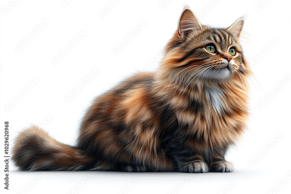 Cute Siberian Cat: A Siberian cat with its thick, triple-layered coat sitting majestically against a white background. Cute Siberian Cat: A Siberian cat with its thick, triple-layered coat sitting majestically against a white background.