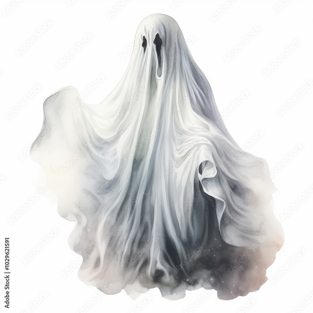 Spooky Ghost Illustration with Flowing Sheet for Halloween and Horror Themes Spooky Ghost Illustration with Flowing Sheet for Halloween and Horror Themes
