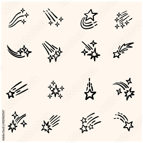 Set of comets With illustration style doodle and line art