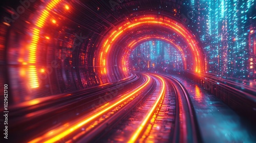 A vibrant futuristic tunnel glowing with orange and blue lights, leading toward a mysterious digital cityscape.