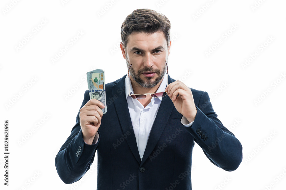 Business man with money banknotes. Male entrepreneur with dollar bills. Lucky boss, insurance agent, manager. Freelancer with cash. Mock up, for white banner with copy space. Business man with money banknotes. Male entrepreneur with dollar bills. Lucky boss, insurance agent, manager. Freelancer with cash. Mock up, for white banner with copy space.