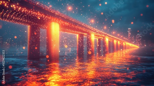 A beautifully illuminated bridge stands over a shimmering water surface, reflecting colorful lights in a serene nighttime setting. The vibrant colors contrast with the dusky sky.