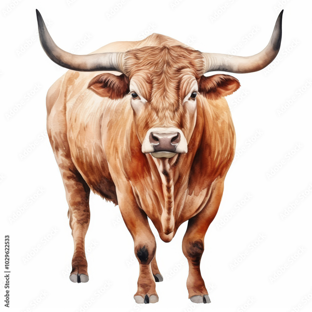 Realistic Illustration of a Majestic Brown Bull Facing Forward - Perfect for Agricultural and Wildlife Design Use Realistic Illustration of a Majestic Brown Bull Facing Forward - Perfect for Agricultural and Wildlife Design Use