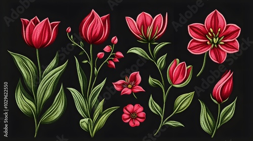 cute tulip flower embroidery style png cut out element set
 photo