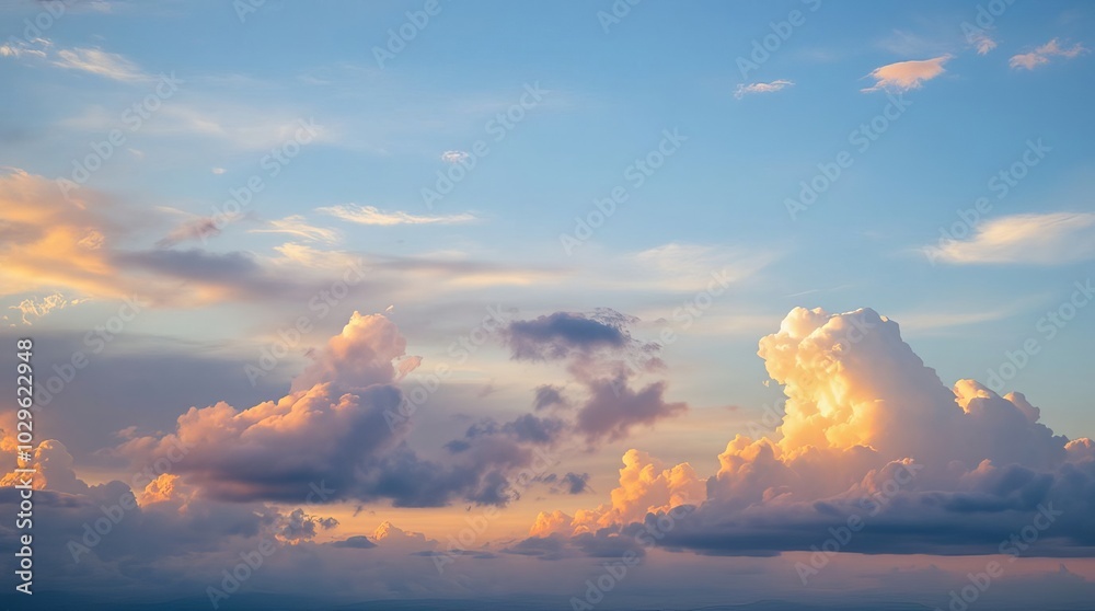 Naklejka premium sky with clouds, sky and clouds, scenic view of clouds in the sky, golden hour