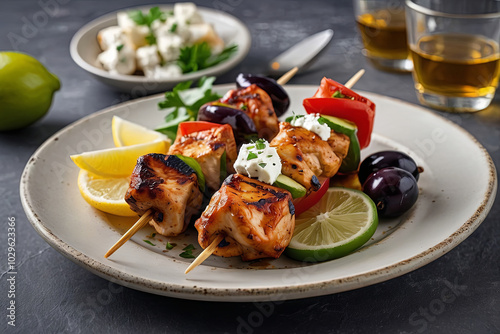 chicken kebabs with a greek marinade, served with a side of feta cheese, olives, and pita bread