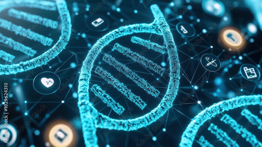 Obraz premium Abstract representation of DNA strands interconnected with data icons in a digital environment.