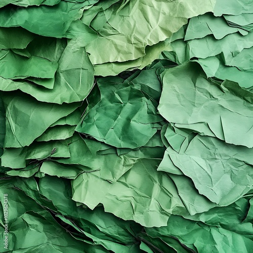 A textured arrangement of crumpled green paper, creating an organic and layered visual effect.