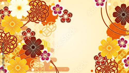 コスモスとナデシコの華やかな和風柄、イラスト背景