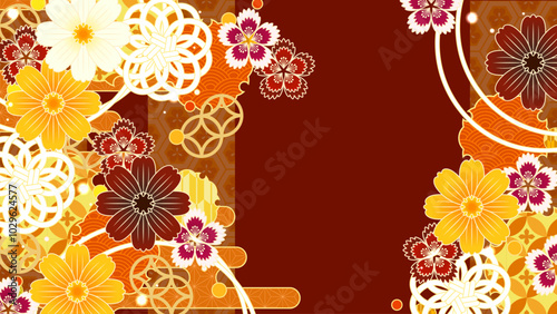 コスモスとナデシコの華やかな和風柄、イラスト背景