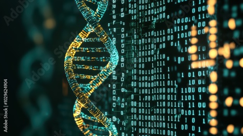 Close-up view of a DNA double helix against a digital backdrop with binary code, symbolizing genetic research and technology.