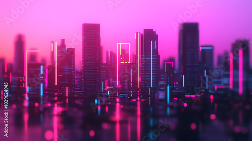 Wallpaper Mural A vibrant city skyline illuminated by neon lights during dusk, showcasing modern architecture against a colorful pink and blue backdrop. Torontodigital.ca