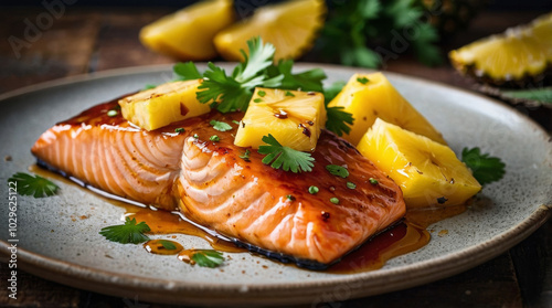 a baked salmon fillets glazed with a shiny, sweet honey pineapple sauce, garnished with fresh pineapple slices and sprigs of cilantro, served on a rustic plate
