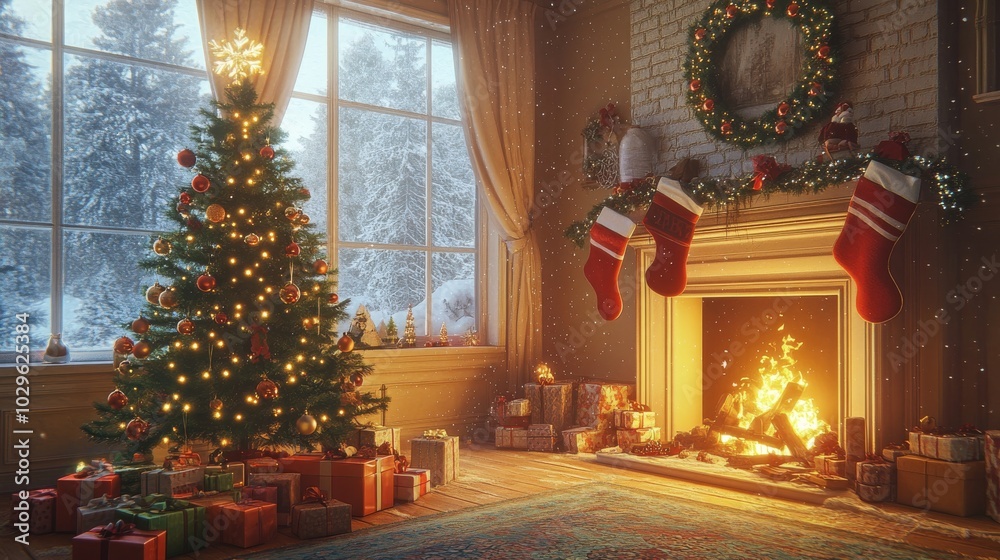 Fototapeta premium Christmas Tree by Fireplace. Cozy Living Room with Snow Falling Outside. Holiday Spirit.