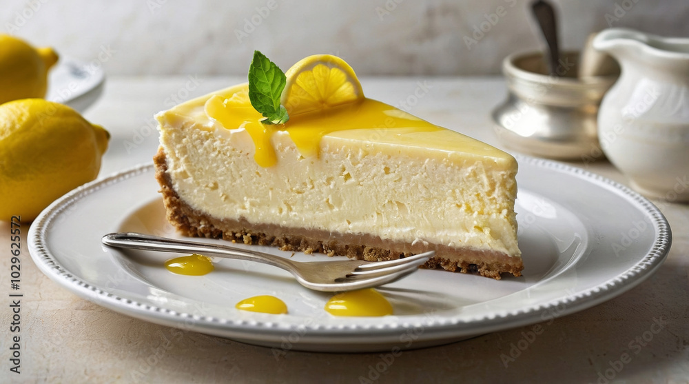 a lemon cheesecake with a rich, creamy filling set on a buttery graham cracker crust, topped with a smooth layer of vibrant lemon curd a lemon cheesecake with a rich, creamy filling set on a buttery graham cracker crust, topped with a smooth layer of vibrant lemon curd
