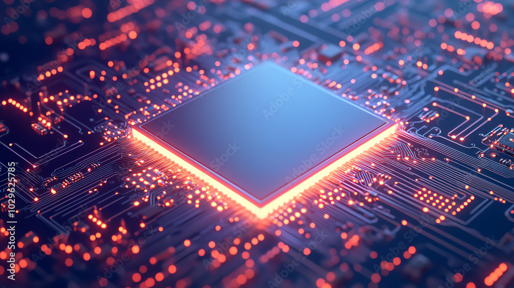 Close-up view of a modern microchip on a circuit board showcasing intricate circuitry with glowing LED lights, representing advanced technology and innovation. Close-up view of a modern microchip on a circuit board showcasing intricate circuitry with glowing LED lights, representing advanced technology and innovation.