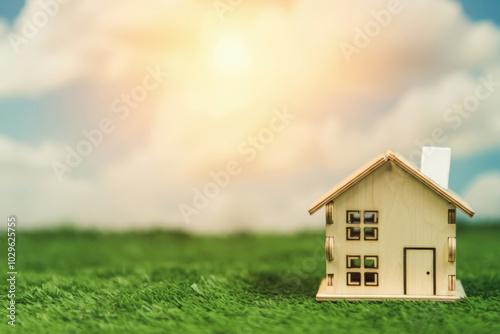 Home and happy life concept. Small toy house on green grass with sunlight abstract background.