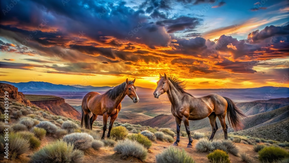 Fototapeta premium Wild Horses Standoff in Utah Desert Along Pony Express Trail