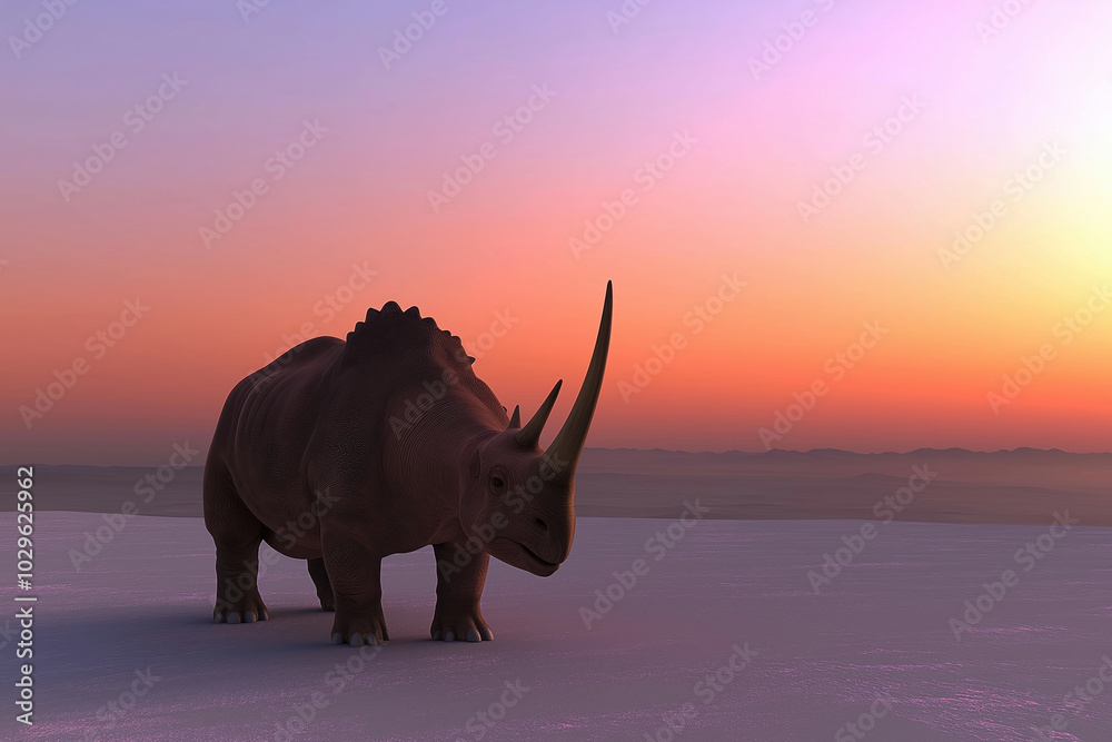 Fototapeta premium A triceratops stands against a colorful sunset in a serene prehistoric landscape