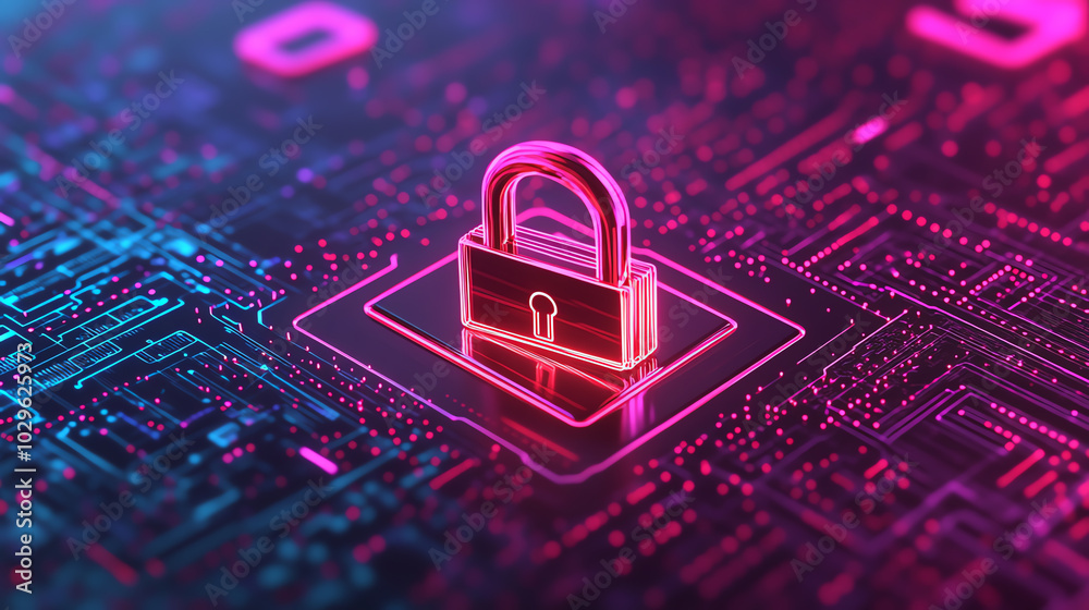 Digital lock symbolizing cybersecurity on a vibrant, high-tech background. Represents safety and protection in the digital world. Digital lock symbolizing cybersecurity on a vibrant, high-tech background. Represents safety and protection in the digital world.