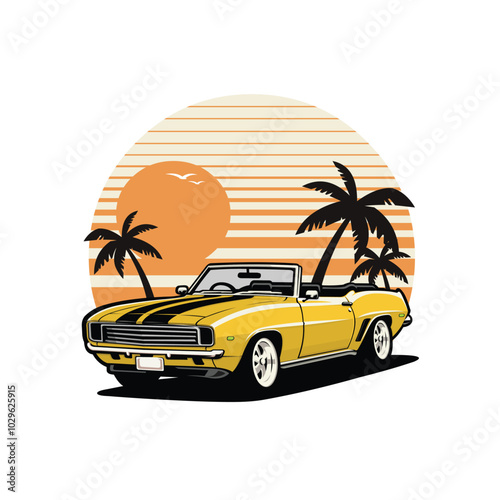 Classic cabriolet muscle car in beach vector illustration. Best for automotive tshirt design