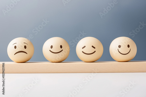 Wooden balls on a bar symbolize various emotions in a minimalist setting