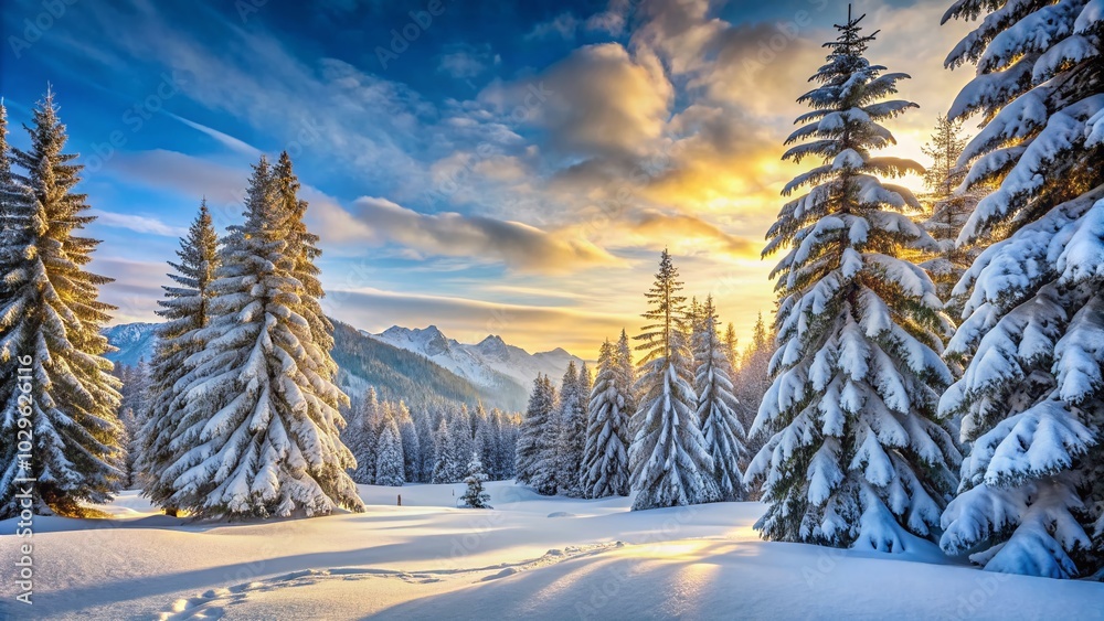 Naklejka premium Winter Forest in the Alps: Serene Snow-Covered Landscape with Copy Space for Text
