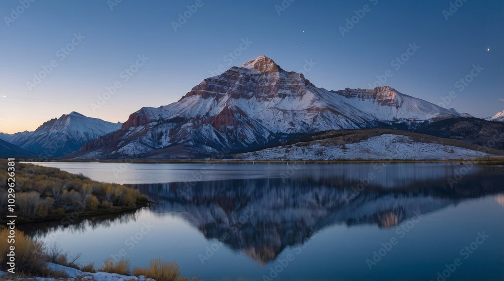 a image capturing the serene beauty of large, snow capped mountains during the blue hour a image capturing the serene beauty of large, snow capped mountains during the blue hour