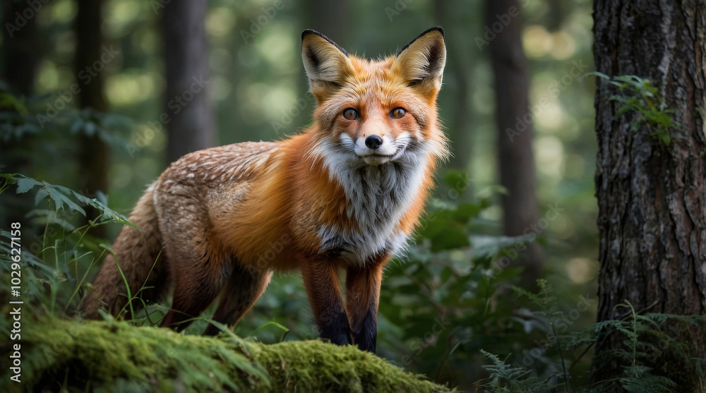 Fototapeta premium a red fox in the forest, the fox, with its fiery fur and piercing eyes, stands out against the lush greenery of the forest