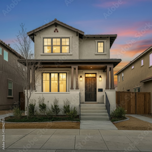 Exterior of luxury apartment in the evening, warm light shining from inside, real estate concept, suburban villa, countryside apartment.