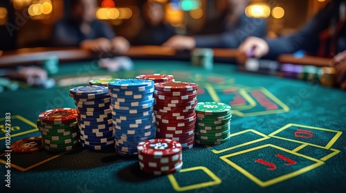 Casino gambling chips on green table with bokeh background