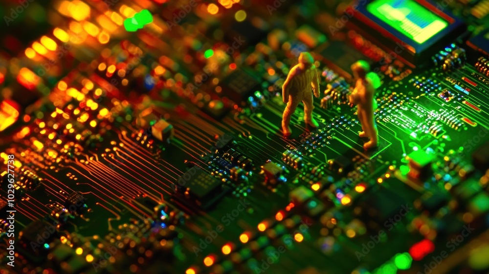 Miniature Figures Walking on a Luminous Circuit Board