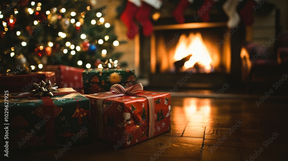 Christmas Presents Under Festive Tree. Cozy Living Room with Fireplace. Christmas Presents Under Festive Tree. Cozy Living Room with Fireplace.
