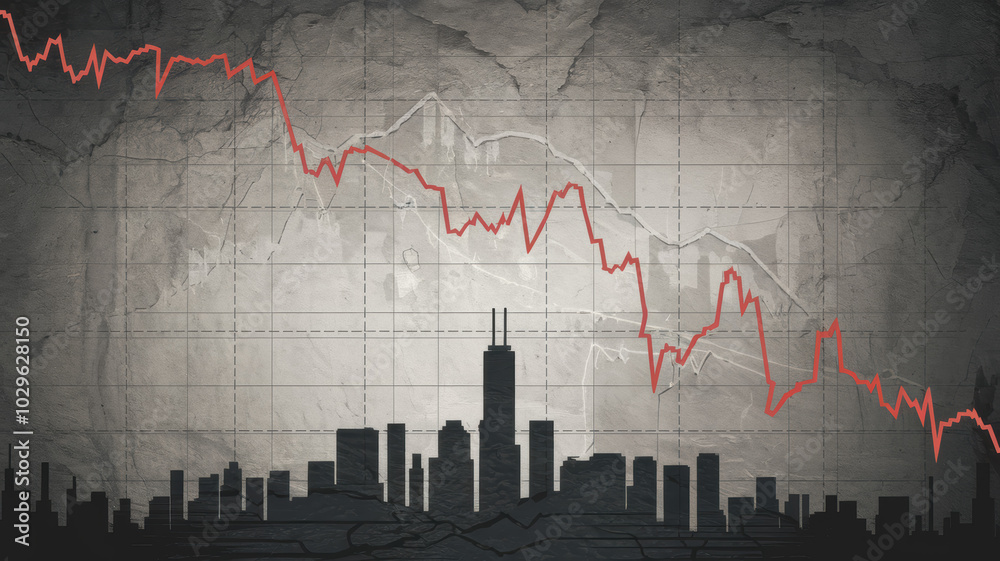 Naklejka premium City skyline with declining stock market graph on textured background.