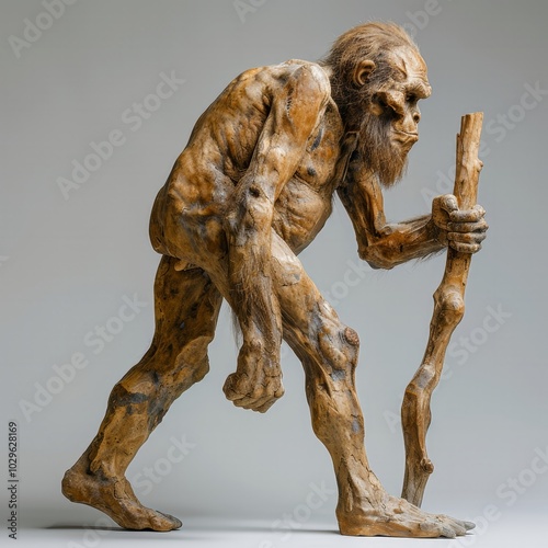 The artwork features a detailed representation of a prehistoric humanoid figure, capturing its muscular build and distinct facial features while it walks with a wooden stick in hand. photo